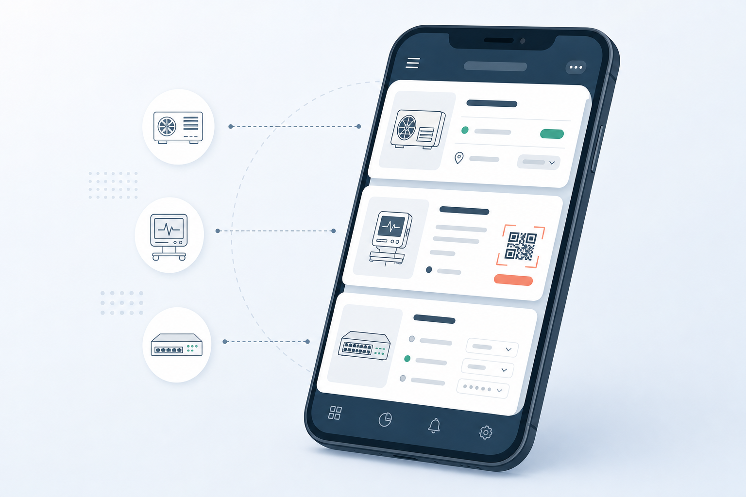 Abstract mobile interface showing custom fields and workflows tailored to different asset types
