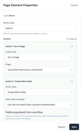 Button actions — Go to Stage, Create Work Order